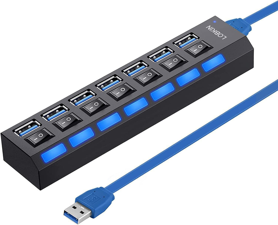 LOBKIN USB Hub 7-Port,Tragbar USB 3.0 Hub mit Einzelnen LED-Netzschaltern fur Laptop, PC, MacBook un
