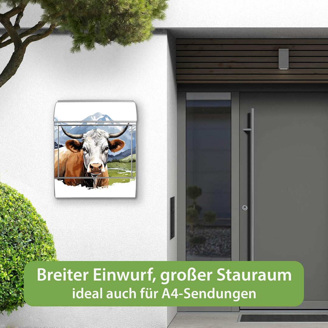 banjado Design Briefkasten 38,5x46,5x13cm & 2 Schlüssel - Briefkasten Stahl Silber mit Zeitungsfach