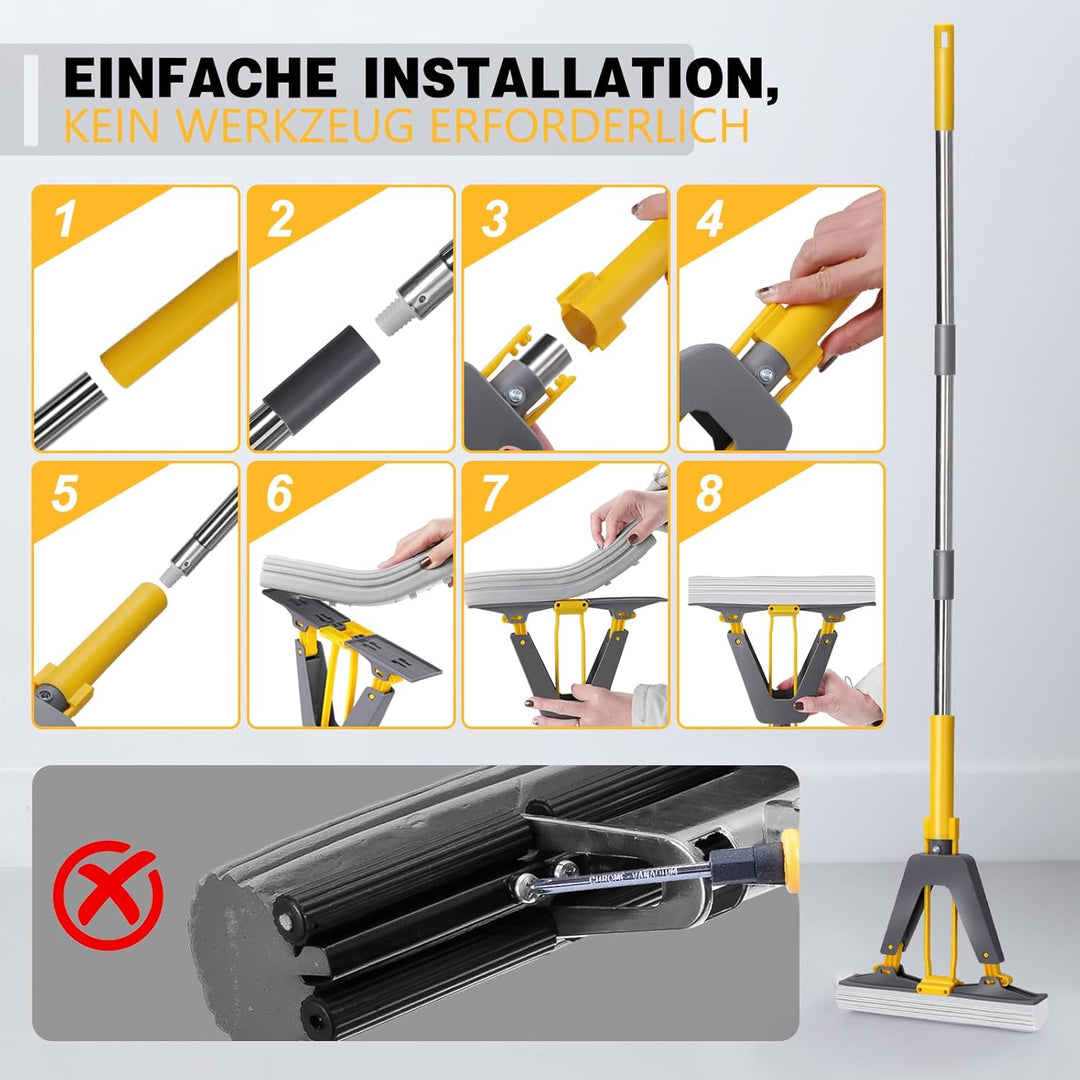 Masthome Schwamm Wischmopp,Schwammwischer mit 128cm Stiel Saugfähig Schwamm Bodenwischer mit 3 Schwa