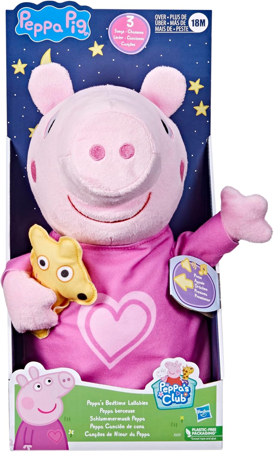 Peppa Pig F3777 Bear Peppa's Bedtime Schlaflieder singende Plüschpuppe mit Teddybär-Zubehör, 3 Liede