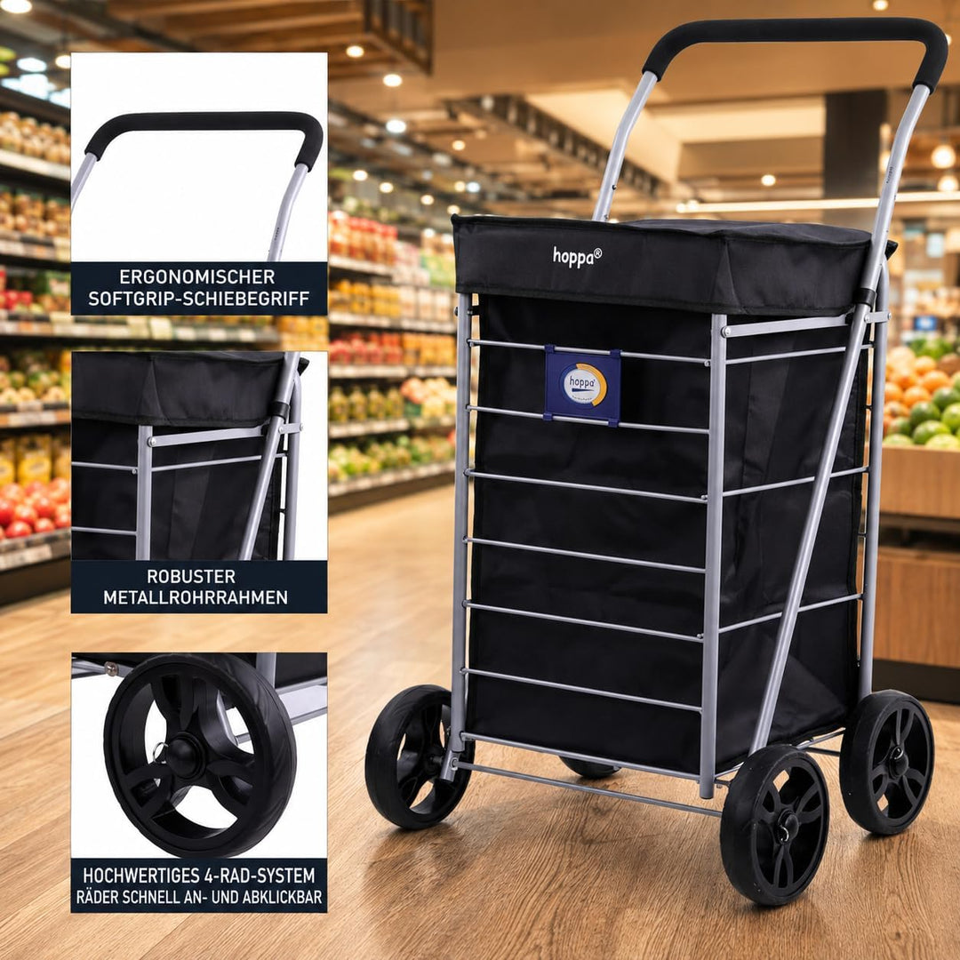 Hoppa Leichtgewichtiger 4-Rädiger Premium 2024 Modell Faltbarer Einkaufswagen Extra Grosse 64l Kapaz