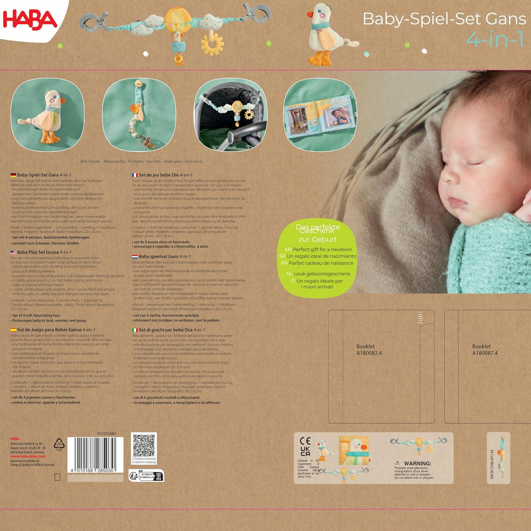 HABA Baby-Spiel-Set Gans – 4-in-1 Erstausstattung & Babygeschenk zur Geburt mit Kinderwagenkette, Sc