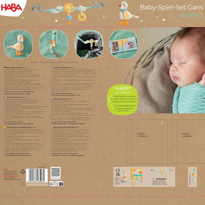 HABA Baby-Spiel-Set Gans – 4-in-1 Erstausstattung & Babygeschenk zur Geburt mit Kinderwagenkette, Sc