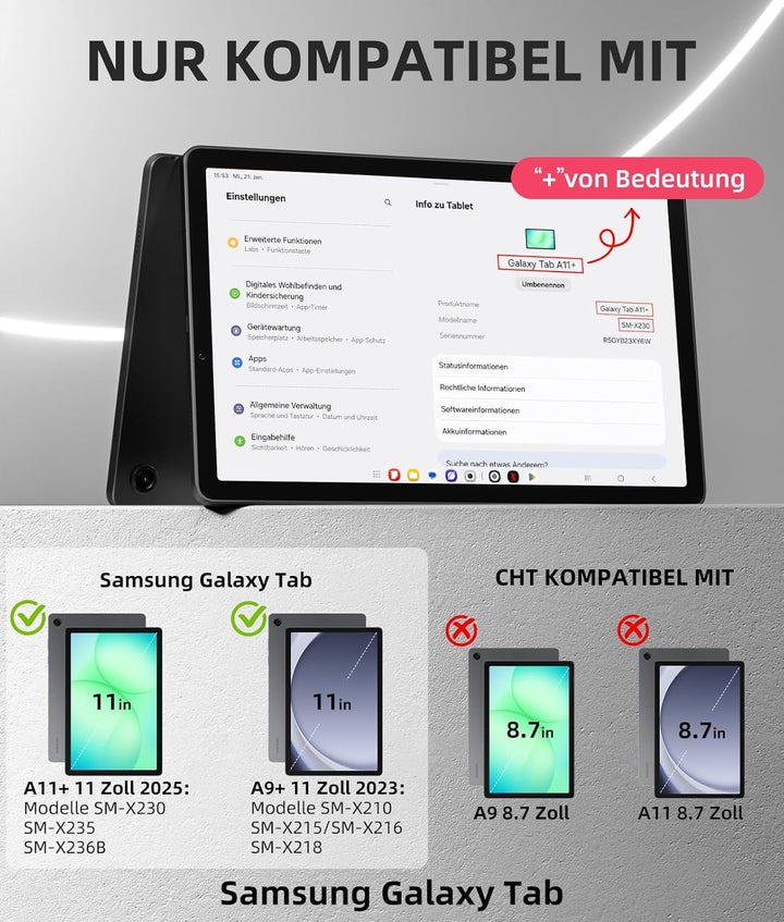 Vobafe Hülle mit Tastatur für Samsung Galaxy Tab A11+ Plus 11 Zoll 2025 / Tab A9+ Plus 2023, 7 Farbe