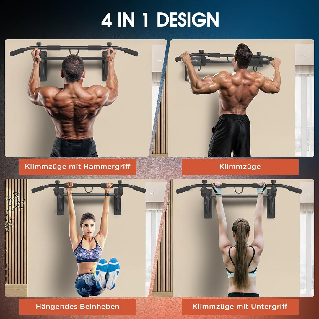 DH FitLife 4in1 Klimmzugstange Wand zur Wandmontage mit Spreizdübel, Multifunktionale Pull-Up Bar fü