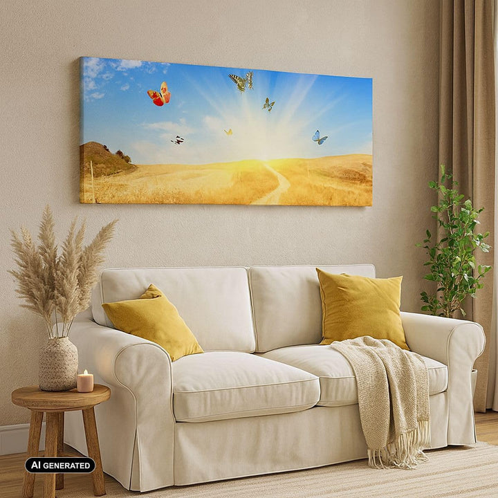 Wandbilder Dekoration Wohnzimmer Schmetterlinge Wiese Gras Panorama Bilder auf Leinwand 120x50cm Lei