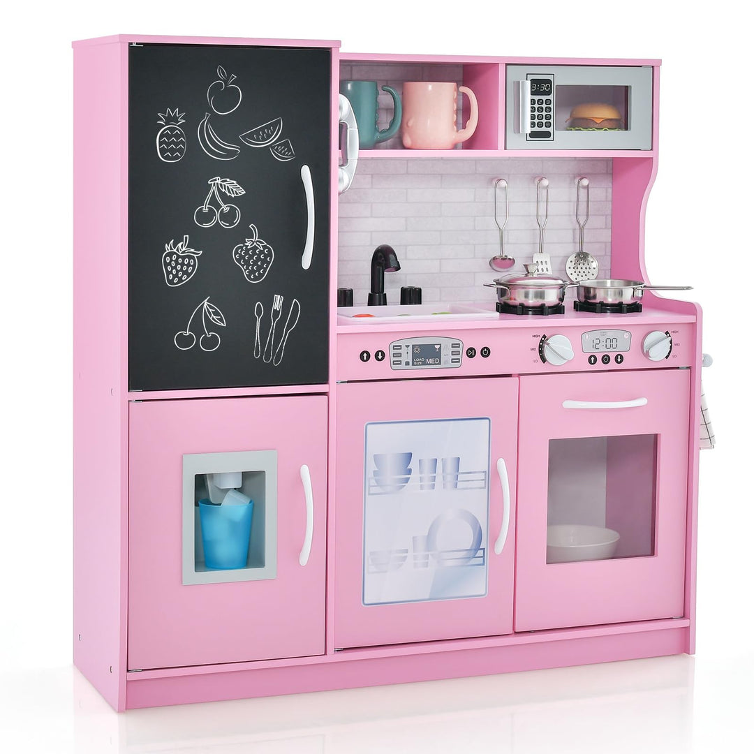 GOPLUS Kinderküche aus Holz, Kinderspielküche mit Mikrowellen, Backofen, Wasserbecken, Kreidetafel &