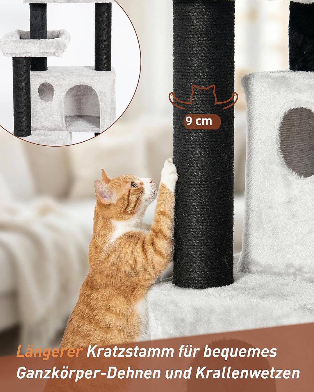 Kratzbaum für Grosse Katzen, 4 Ebenen Katzenbaum 55×45×111 cm, 2 Extra Hohe Jute-Kratzstämme (45 cm