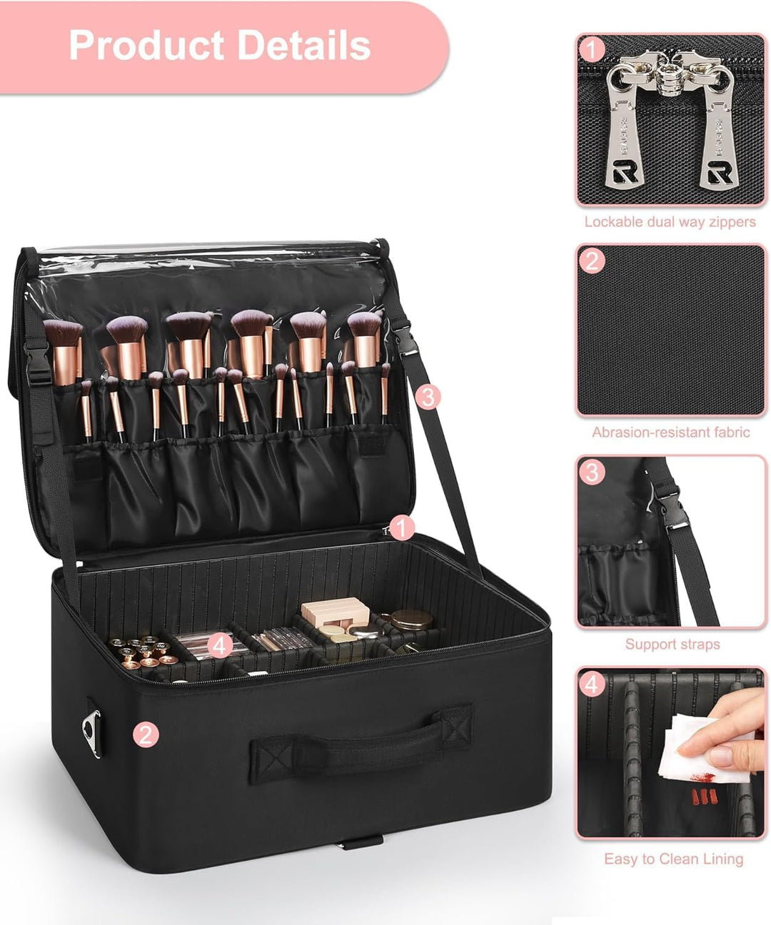 Relavel XXL Make-up-Koffer, Professioneller Kosmetik-Organizer mit Pinselhalter, 4 durchsichtigen Ta