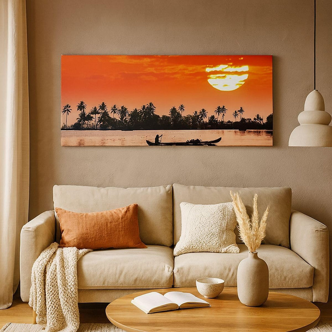 ARTTOR Wandbilder Dekoration Wohnzimmer Kanal boot kultur sonnenuntergang Bilder auf Leinwand 120x50