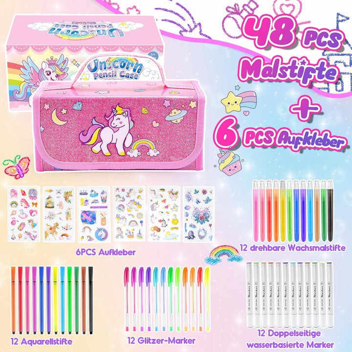 HappyGoLucky Malset für Kinder Wasserfarbkasten Marker Set, Geschenk Mädchen 3-10 jahre, Federmäppch