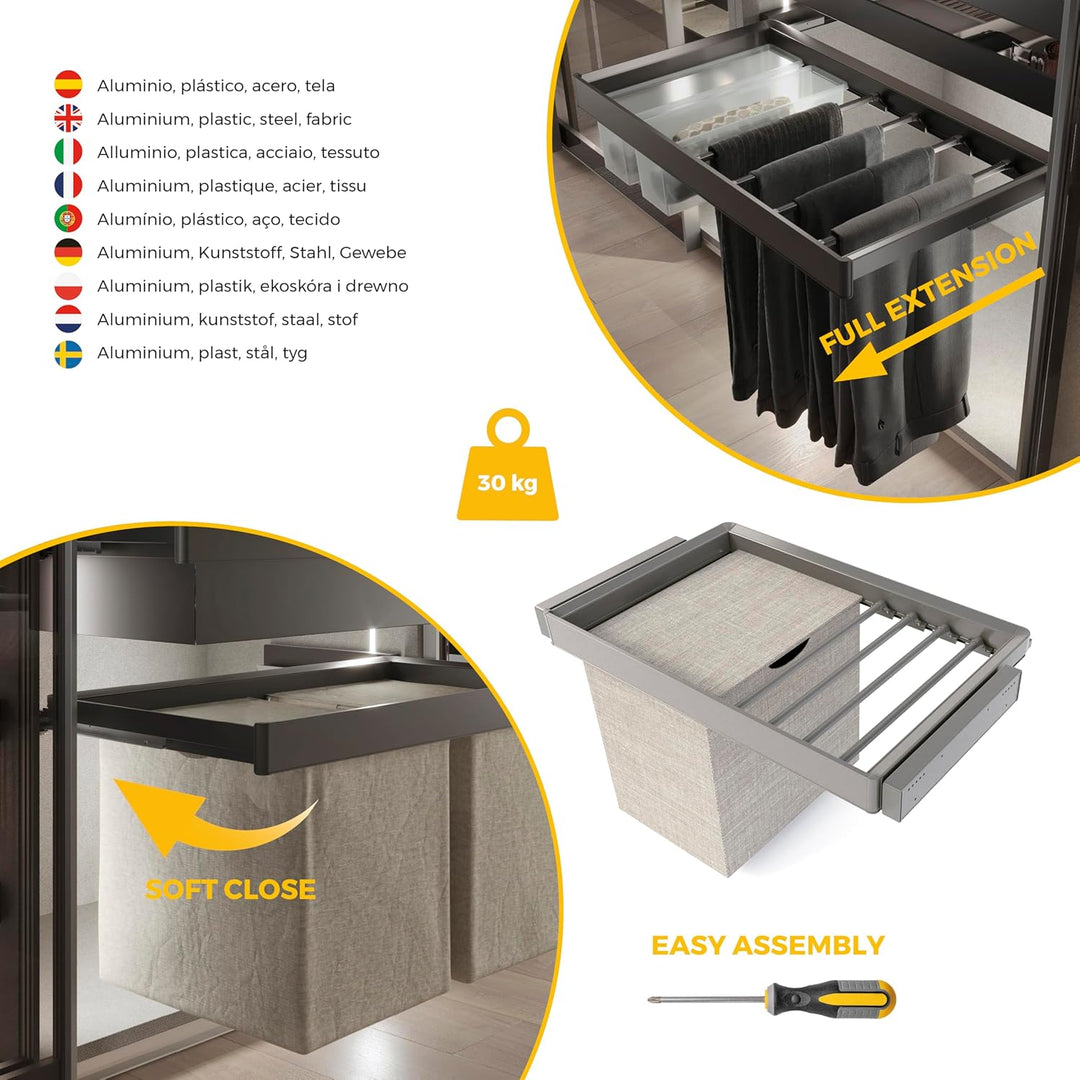Emuca - Satz aus 7-Stangen-Hosenhalter, Wäschekorb und ahmen für Schrank Quartz, mit Soft-Close- und