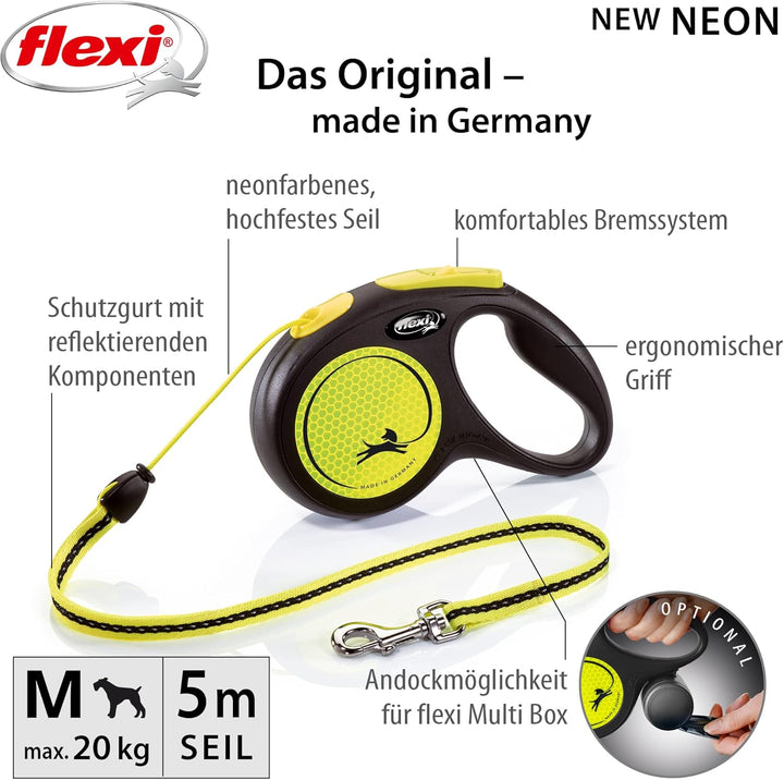 flexi New NEON M Seil 5 m schwarz/Neongelb für Hunde bis 20 kg, M 5 m
