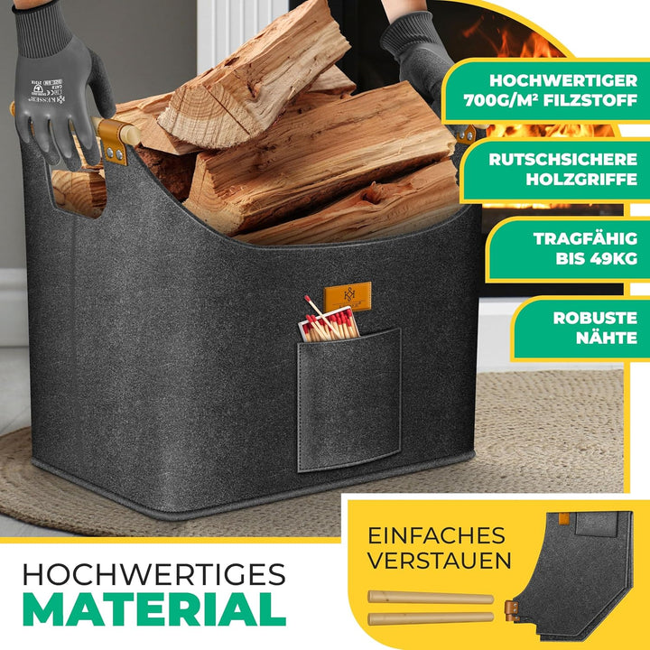 KESSER® Brennholzkorb 60 Liter | Kaminholztasche extra dicker Filz | Feuerholzkorb faltbar mit verst