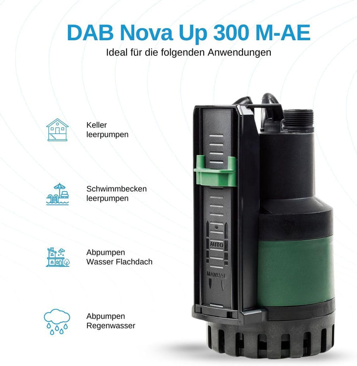 DAB Nova Up 300 M-AE mit Ablaufschlauch 7 Meter - Flachsauger-Tauchpumpe - 10.000 L/Std. - 380W - Fö