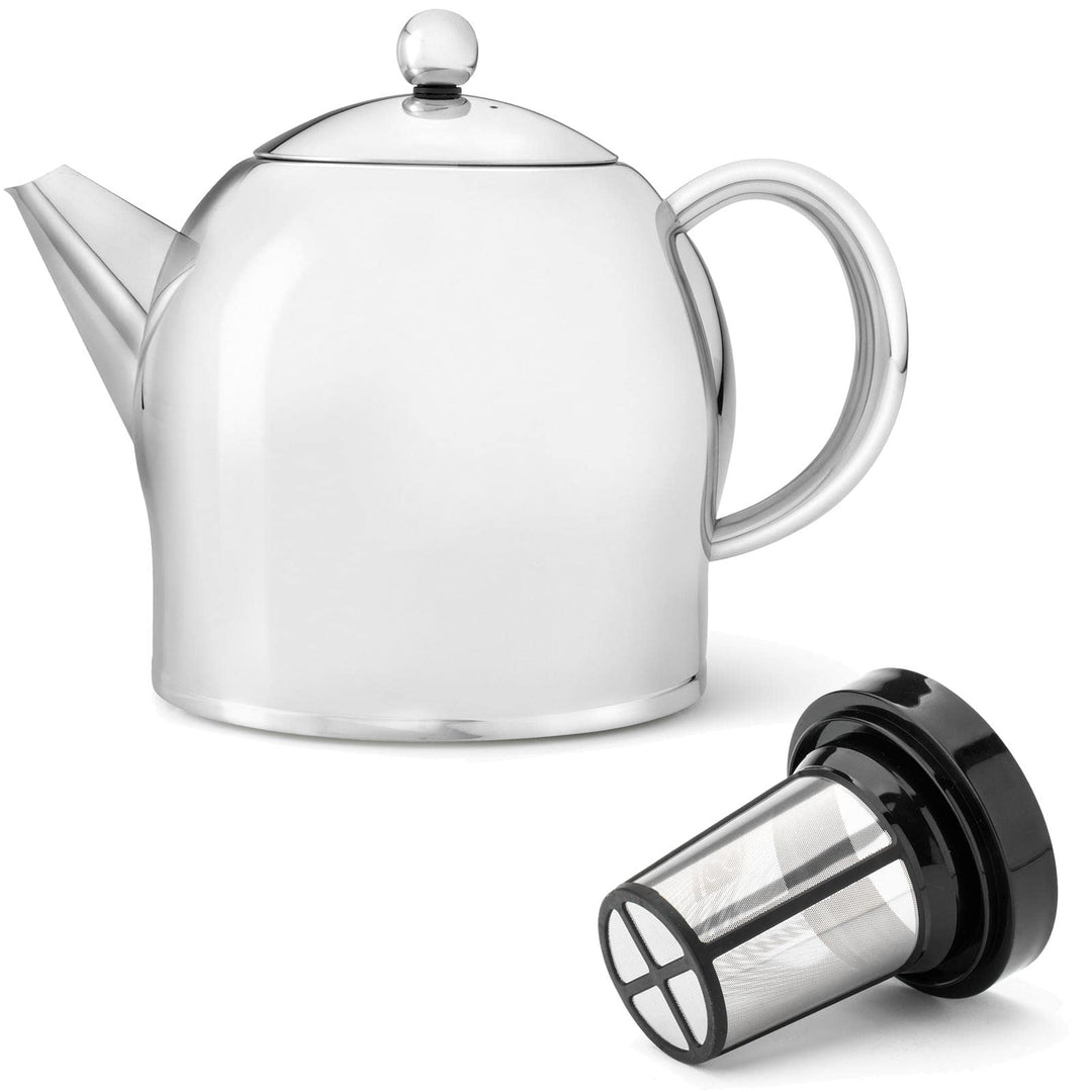 Teekanne Set 1.4 Liter - Edelstahl glänzend doppelwandig - Grosser Teebereiter mit Tee-Filter-Sieb-A