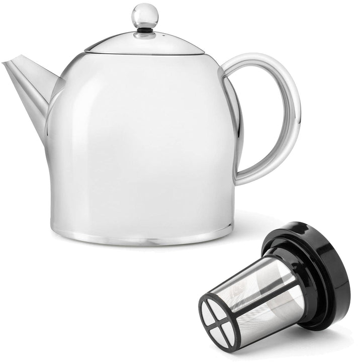 Teekanne Set 1.4 Liter - Edelstahl glänzend doppelwandig - Grosser Teebereiter mit Tee-Filter-Sieb-A