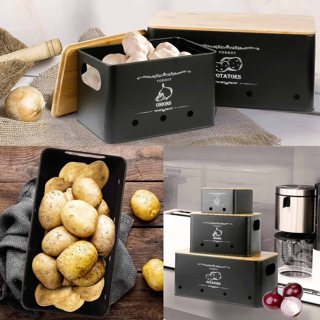 Kartoffel Aufbewahrungsbox, 3er Set Zwiebel Kartoffel Knoblauch Aufbewahrung, Kartoffelbox mit Decke