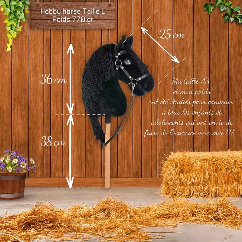 Hobby Horse schwarz A3, Vollstab Pferd mit Netz, Gebiss, Zügel, Halfter und blauer Insektenmütze, Pf