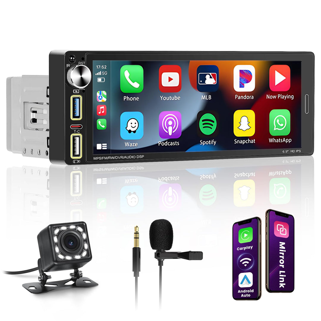 Hikity Autoradio 1Din Wireless Carplay mit 6.9-Zoll Bildschirm Knöpfe Auto Bluetooth Radio Con Andro
