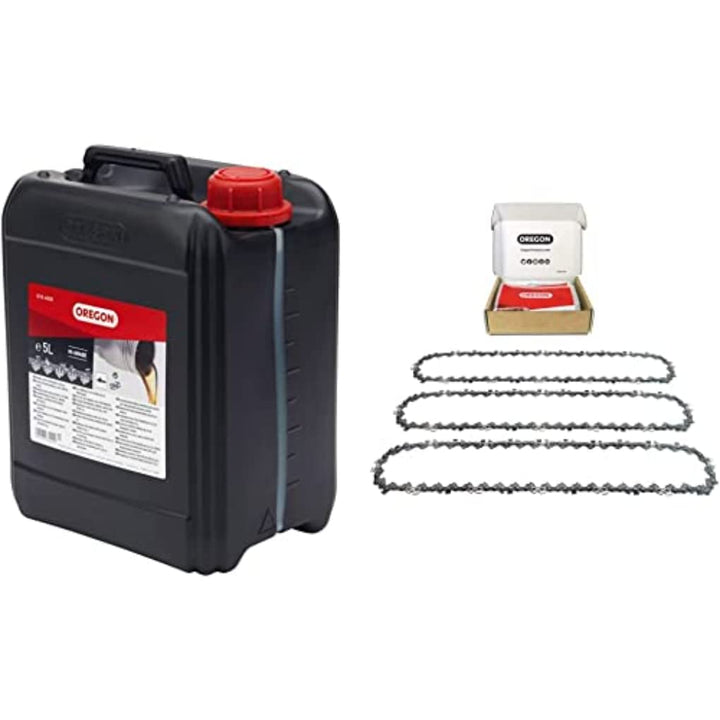 Oregon Kettensäge Öl, 5L & 3er-Pack Sägekette 35cm 3/8" LP für 35cm Schiene - 52 Antriebsglieder, 1.