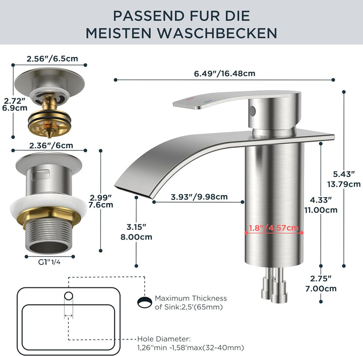 FORIOUS Wasserhahn Bad mit Ablaufgarnitur, Edelstahl Wasserfall Waschbeckenarmatur mit Auslaufhöhe 8