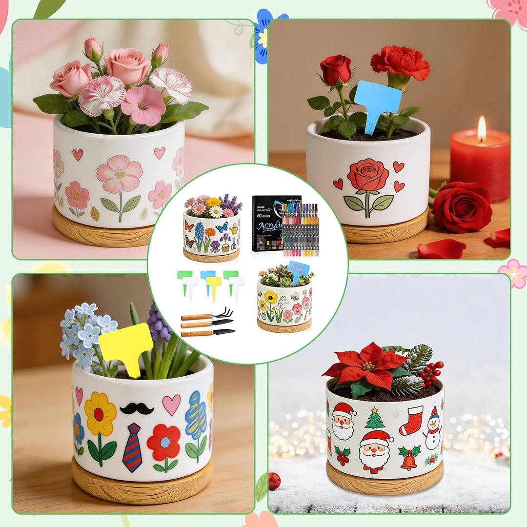 DIY-Keramik Bemalen Set Blumentopf zum Bemalen Kinder Blumentöpfe (Rund) | mit 2 Töpfen Gartenwerkze