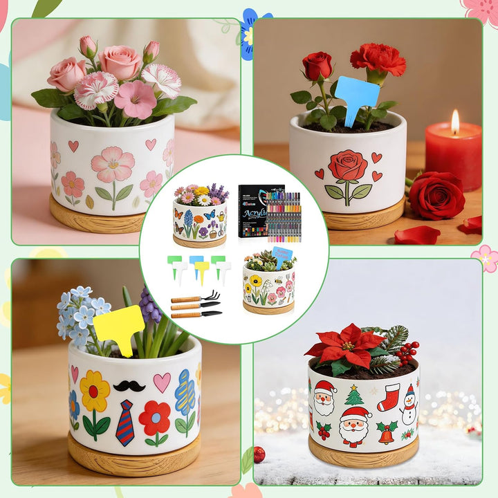 DIY-Keramik Bemalen Set Blumentopf zum Bemalen Kinder Blumentöpfe (Rund) | mit 2 Töpfen Gartenwerkze