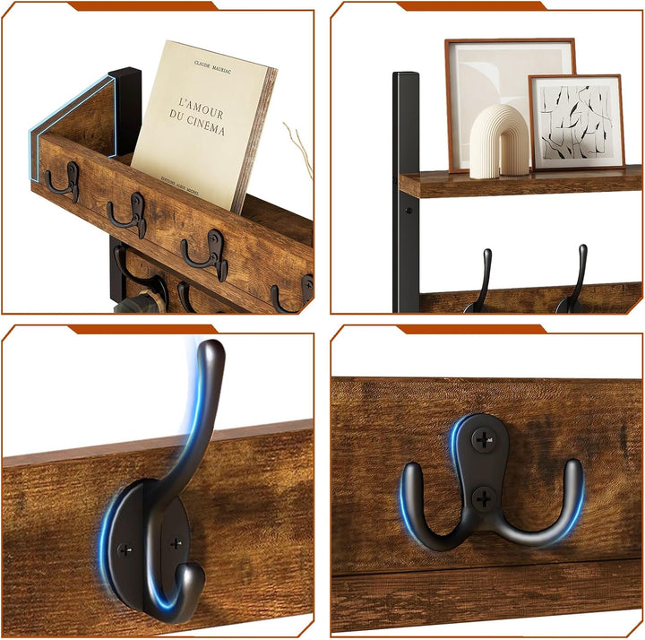 YMYNY 4-in-1 Wandgarderobe mit Ablage, Garderobenleiste Schlüsselbrett Holz, Gaderobe Wand für Flur,