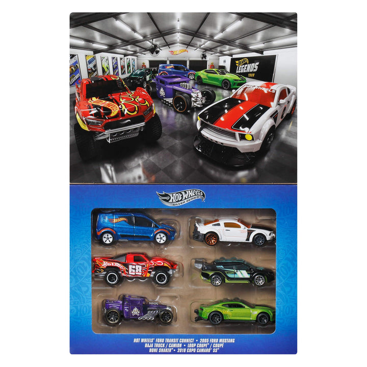 Hot Wheels Die-Cast-Spielzeugautos und -Trucks im Massstab 1:64, Set mit 6 HW Legends-Fahrzeugen mit