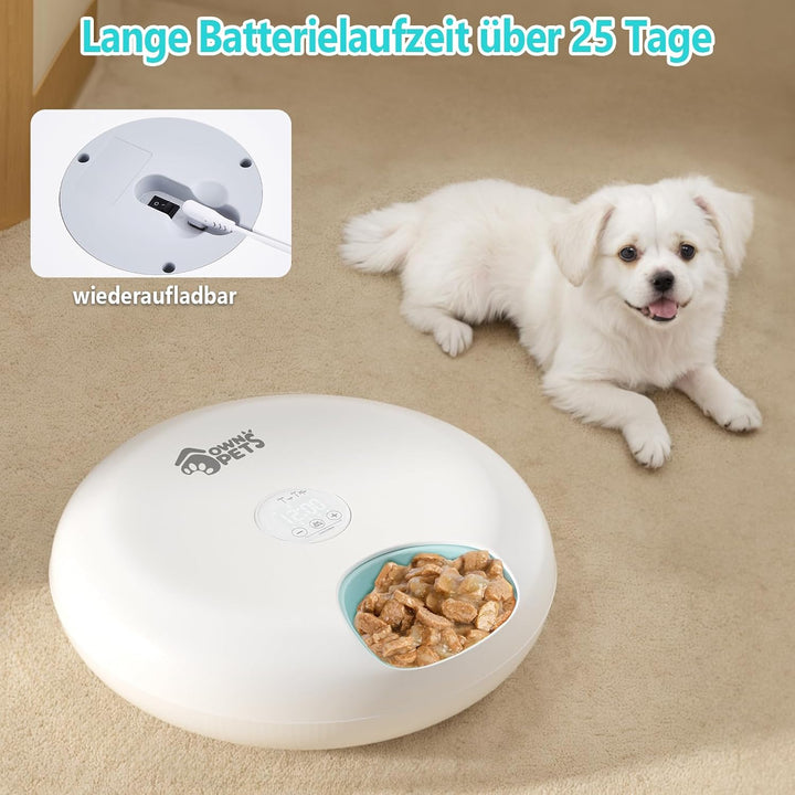 Ownpets 6 Mahlzeiten Automatischer Katzenfutterautomat für Nass/Trockenfutter, mit 2 Kühlakkus, prog