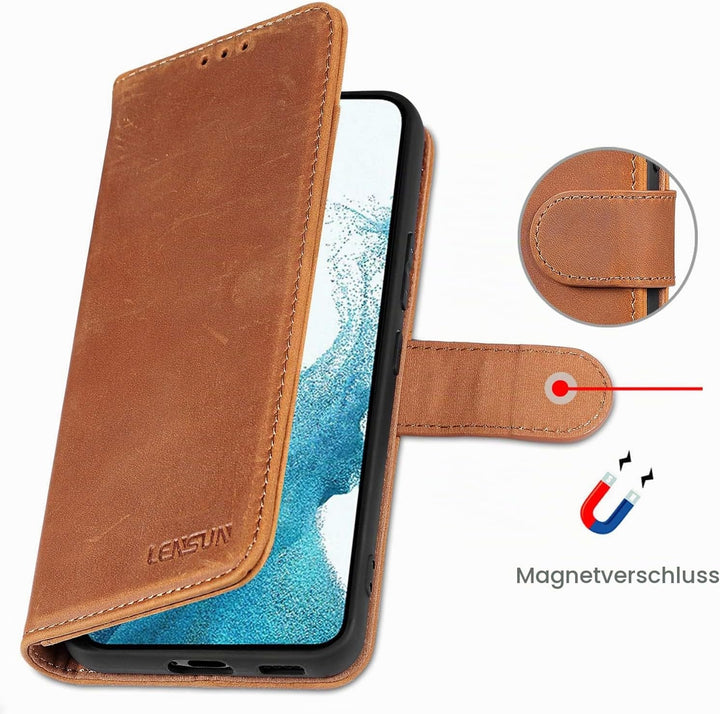 LENSUN Echtleder Hülle für Samsung Galaxy S22, Handyhülle Echt Leder [Magnetverschluss] [RFID Schutz