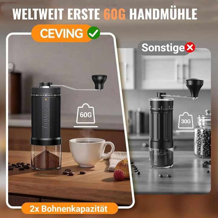 CEVING weltweit erste manuelle Kaffeemühle mit 60g Fassungsvermögen schwarz | Tragbare Handkaffeemüh