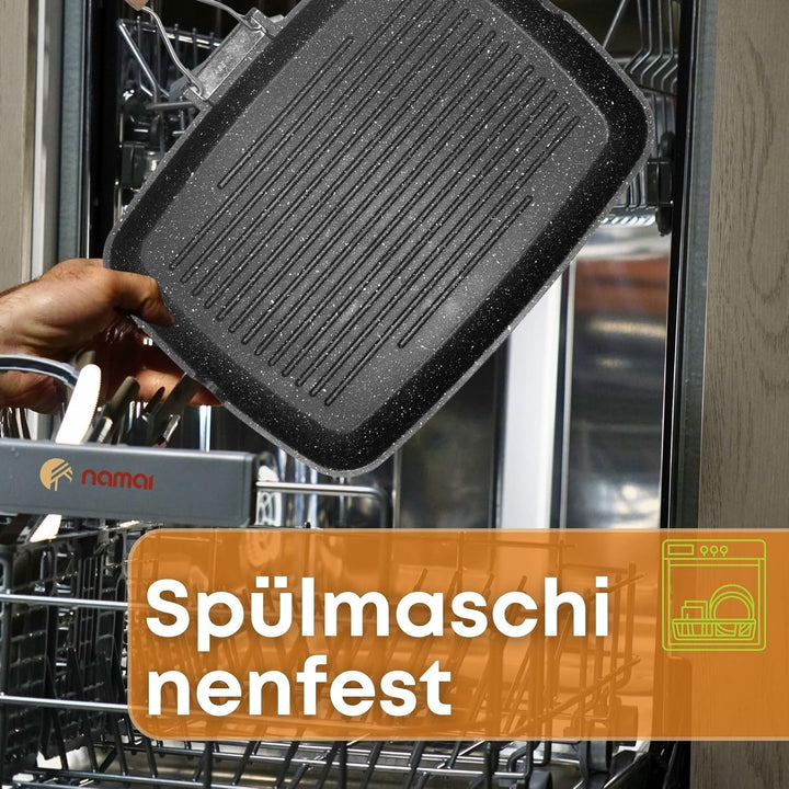 NAMAI - Grillpfanne mit Induktion, klappbarer Griff, platzsparend, 36 cm x 24 cm, antihaftbeschichte