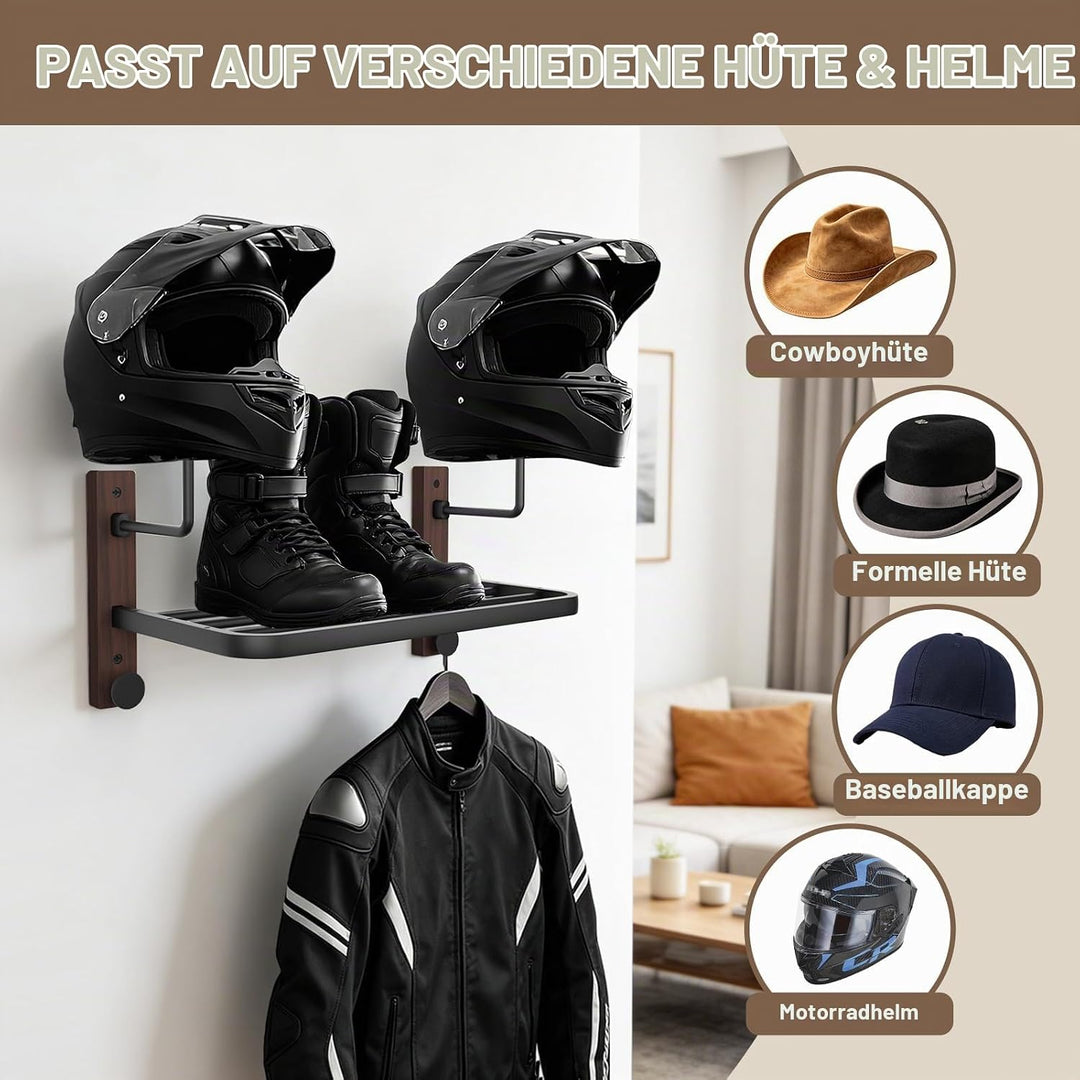 Motorradhelm Halterung, Helmhalter Wandmontage mit Ablage und 2 Helmständer für Motorrad Fahrrad Ren