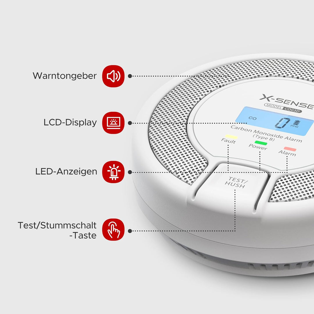 X-Sense CO Melder mit Digitalanzeige, Kohlenmonoxidmelder, akkurater Sensor mit 10-Jahren Lebensdaue