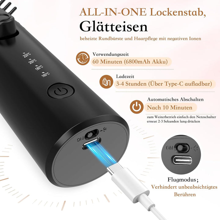 Kpuplol Kabellose Lockenstabbürste, Tragbare Reise Lockenstab, 6800 mAh USB-aufladbare Mini Lockenbü