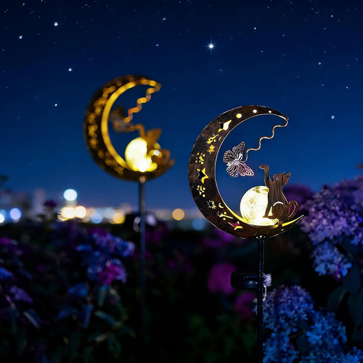 YeahBoom Mond Solarleuchten Garten Deko,Garten mit Katze,Mond Solarleuchten Garte im Freien Solarlam