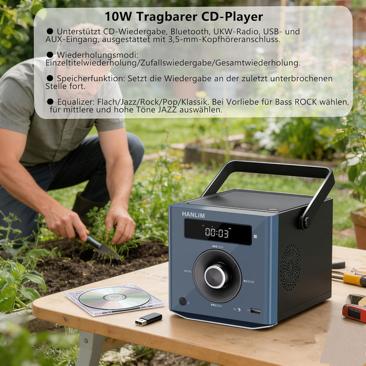 CD Player Tragbar mit Bluetooth, UKW Radio, 2000mAh wiederaufladbare Akku, MP3-Wiedergabe/USB/AUX-Ei