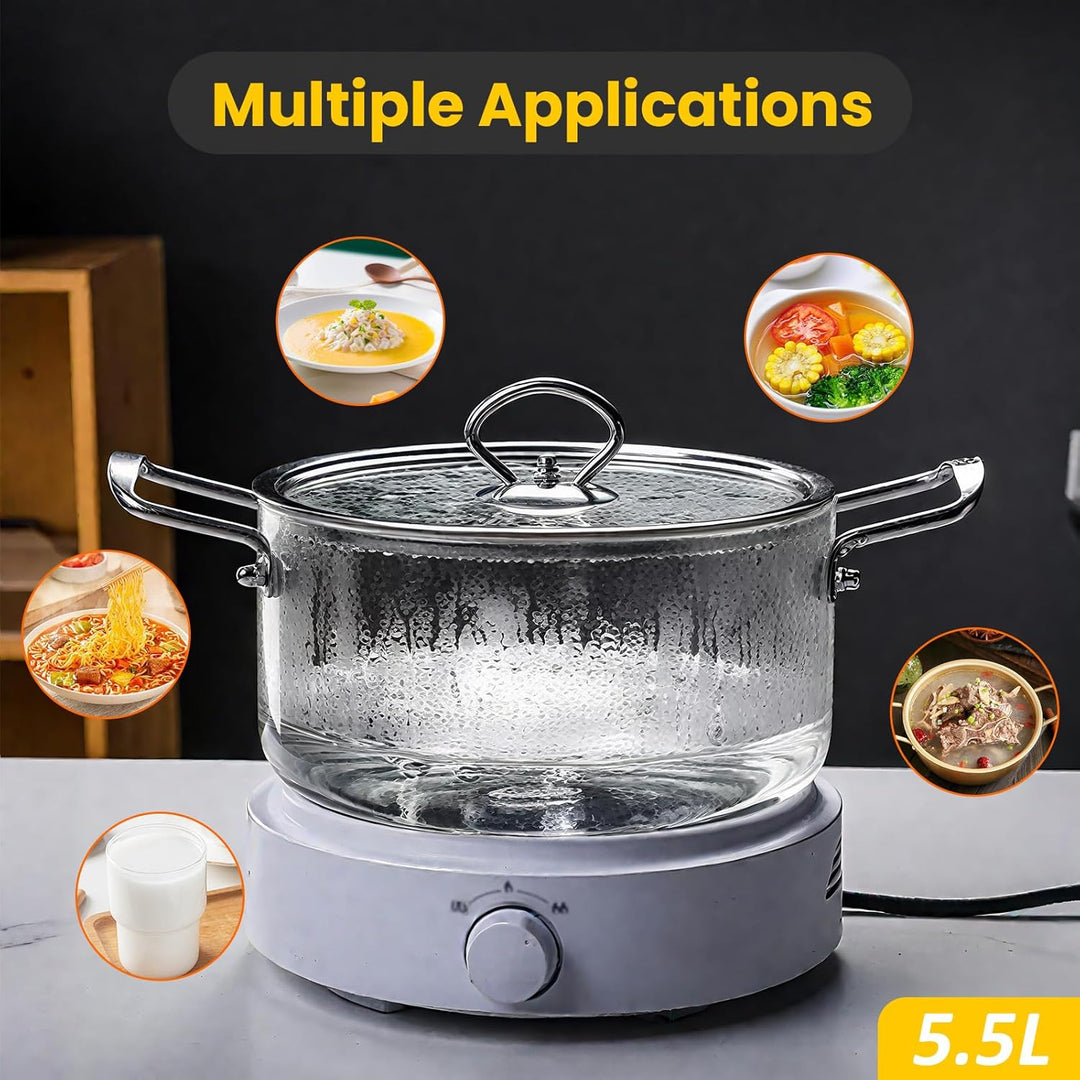 5,5L Glas- Suppentopf Simmertopf - Hitzebeständig Glastopf mit Deckel zum Kochen Transparente Suppen