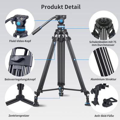 SIRUI Stativ Kamera Videostativ mit Fluidkopf AM-25S, 190cm professionelles Aluminium Dreibein-Stati