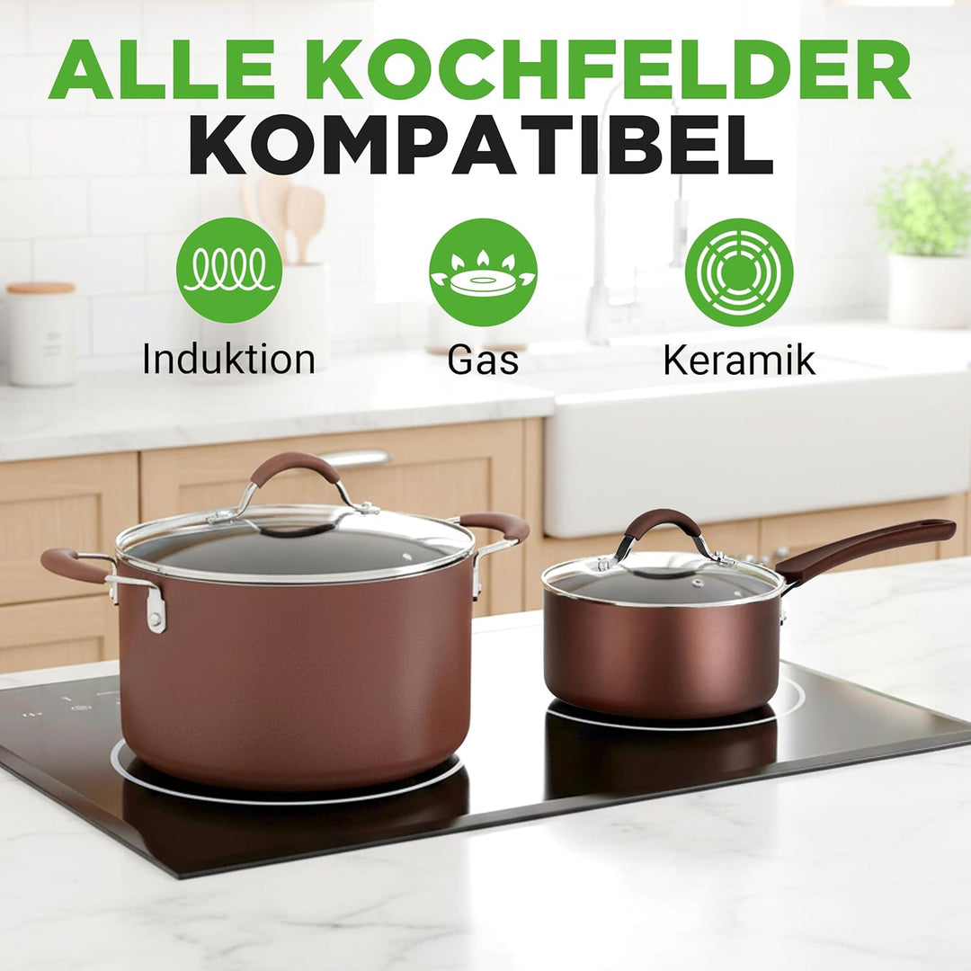 NutriChef Topf- & Pfannenset Induktion 20-teilig Braun – Antihaft-Kochgeschirr mit Deckeln & Backfor