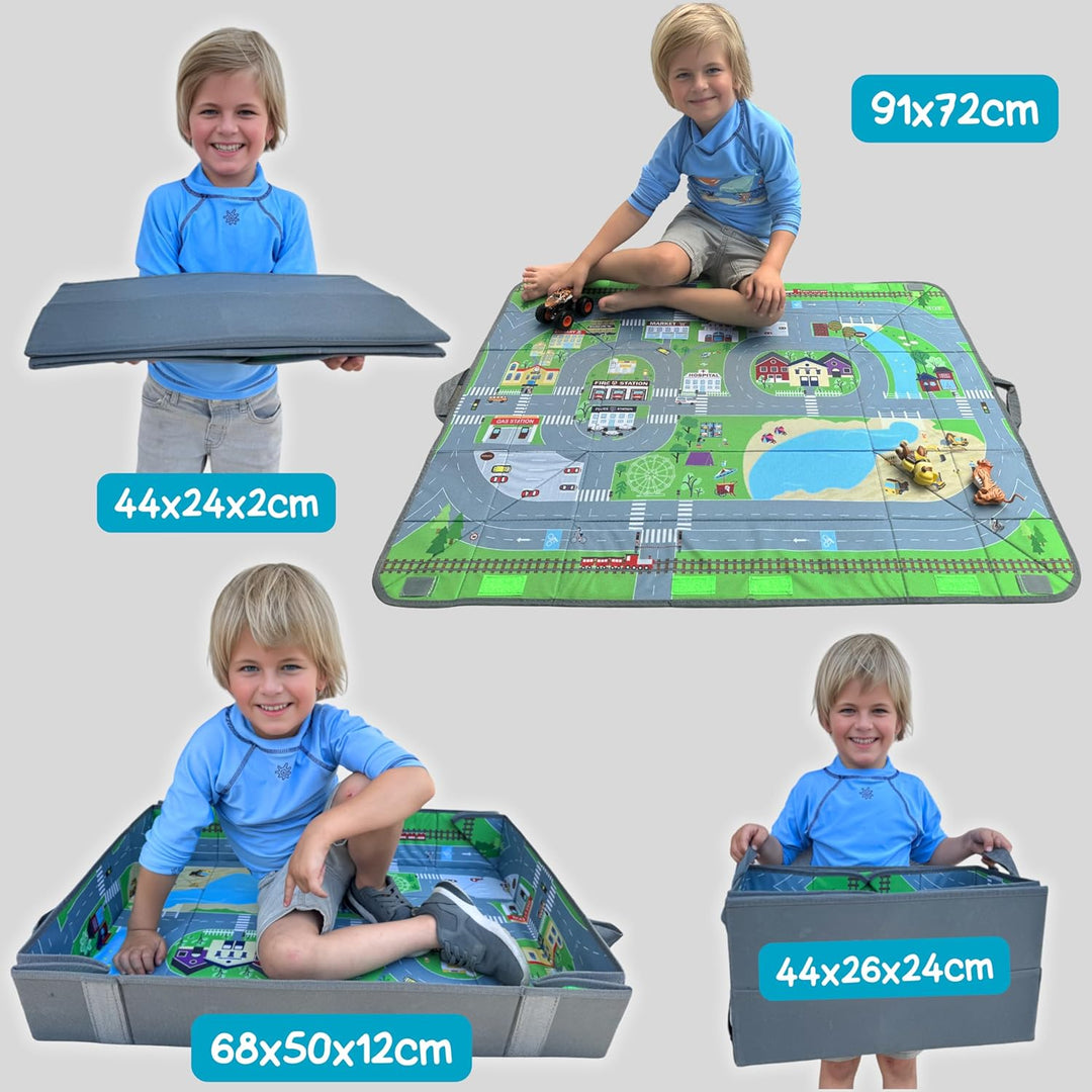 HECKBO - 4-in-1 Auto Organizer und Spielteppich | Kinder Spielzeug-Aufbewahrungsbox | Faltbare Spiel