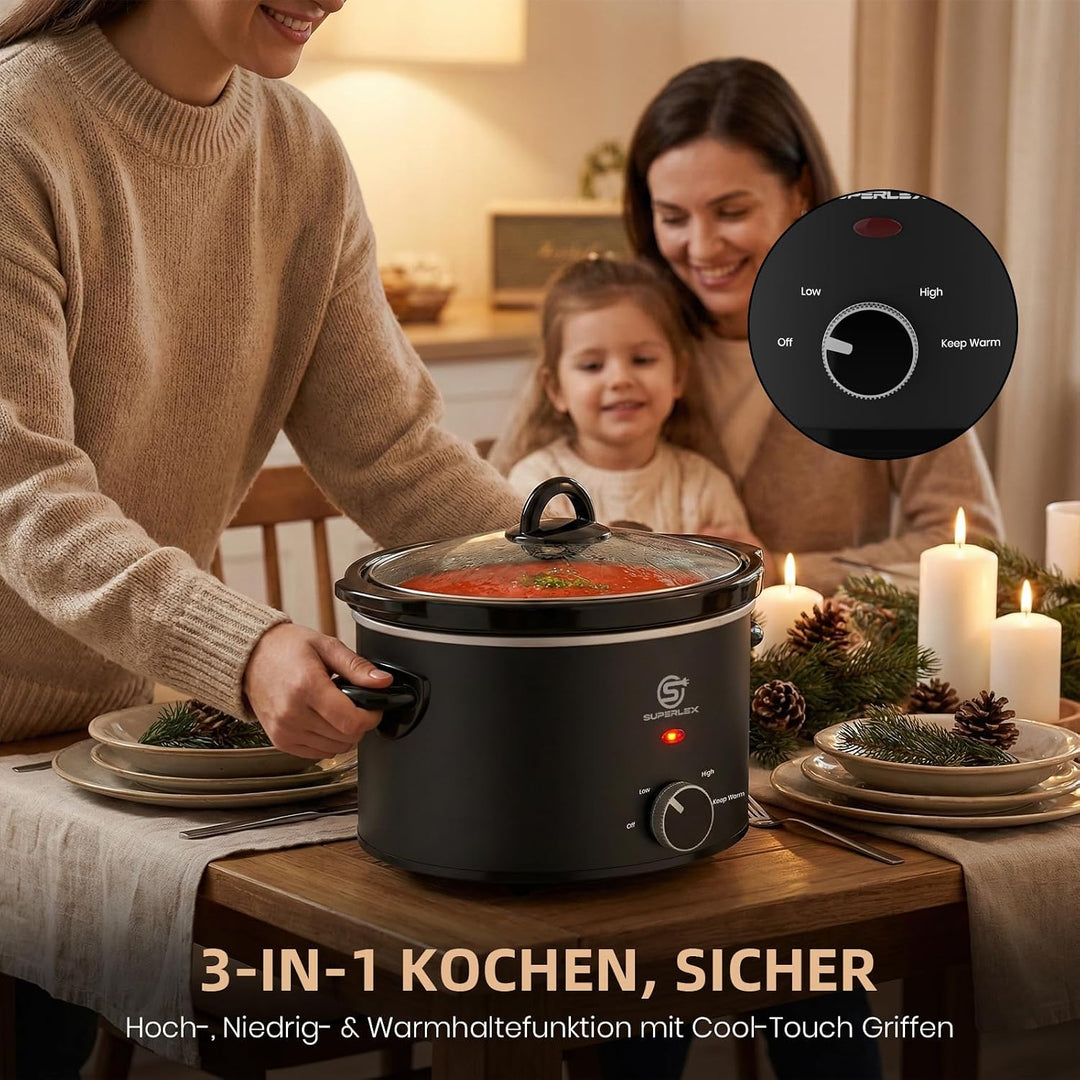 Slow Cooker 3.5L Elektrischer Schongarer Keramiktopf | Glasdeckel Temperaturstufen Warmhaltefunktion