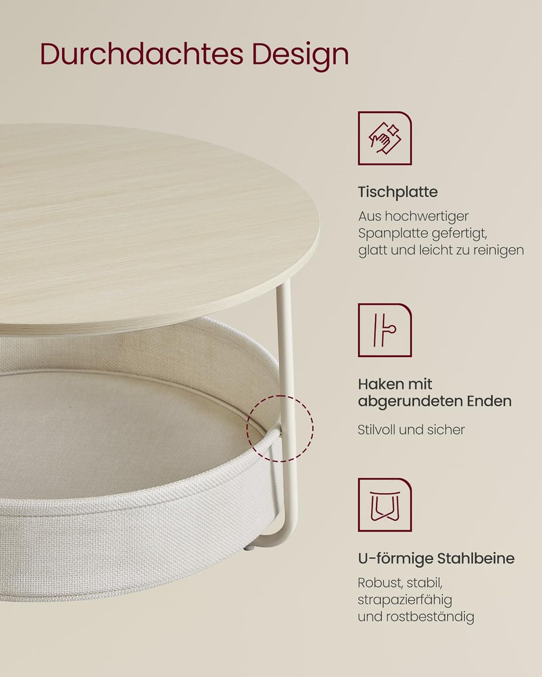 VASAGLE Couchtisch rund, Tisch mit Stauraum, Beistelltisch, Wohnzimmertisch mit Korb aus Stoff, mode