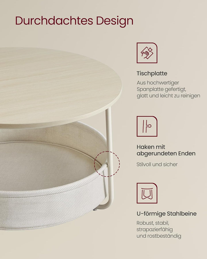 VASAGLE Couchtisch rund, Tisch mit Stauraum, Beistelltisch, Wohnzimmertisch mit Korb aus Stoff, mode