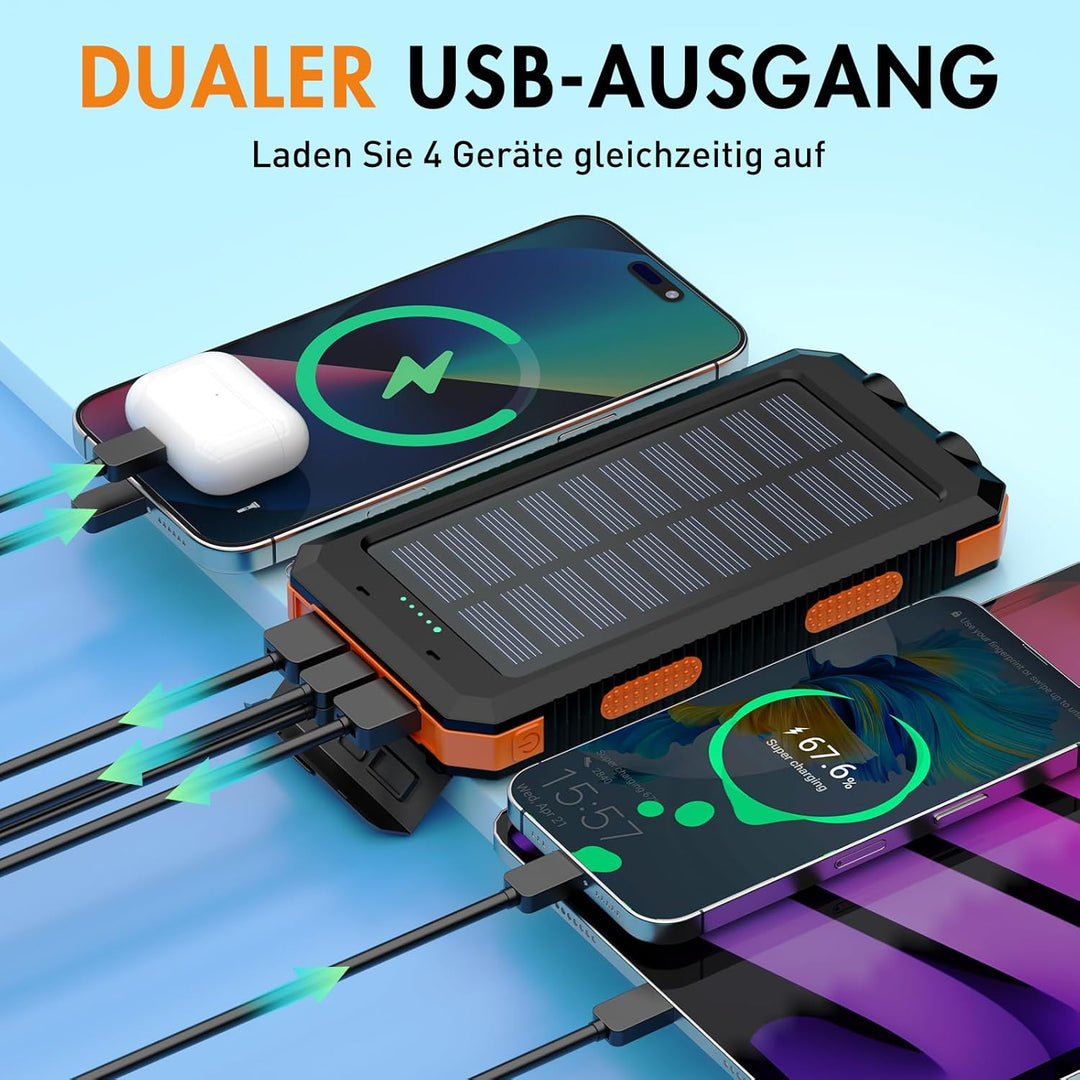 Vikeri Solar Powerbank 26800mAh, Powerbank Solar Wasserdichtes USB C Externer Akku mit 4 Outputs, Po