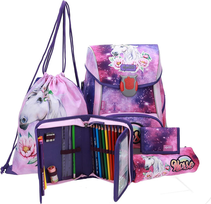 PFERDE HORSES SCHULRANZEN SET MÄDCHEN 1 KLASSE | SET 5 TEILIG LED FÜR GRUNDSCHULE | SUPER LEICHT | E