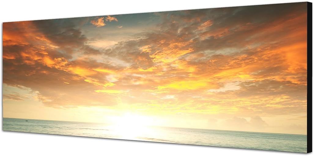 Paul Sinus Art Panoramabild auf Leinwand und Keilrahmen 150x50cm Strand Meer Sonnenuntergang Wolken