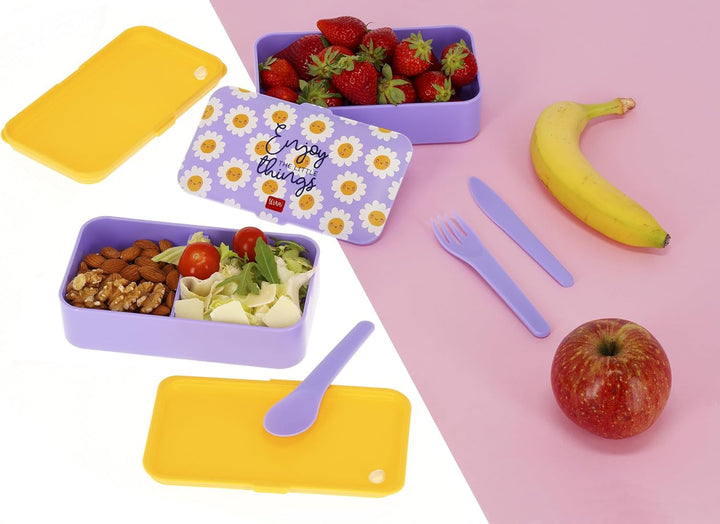 Legami - Lunchbox mit 3 Besteckn, Daisy, Lunchbox, Fassungsvermögen 1200 ml, auslaufsicher, mikrowel